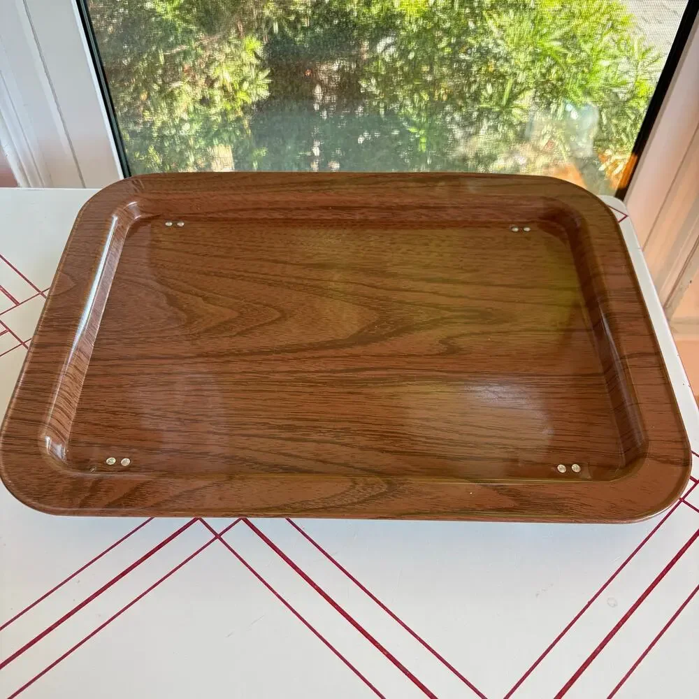 Vintage Faux Bois Metal Folding Lap Tray Gold Tone Legs MCM